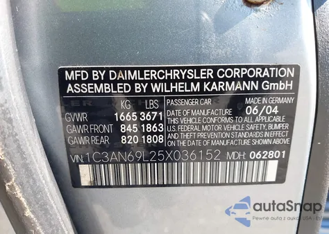 2005 Chrysler Crossfire Limited из США, поврежденный, VIN 1C3AN69L25X036152